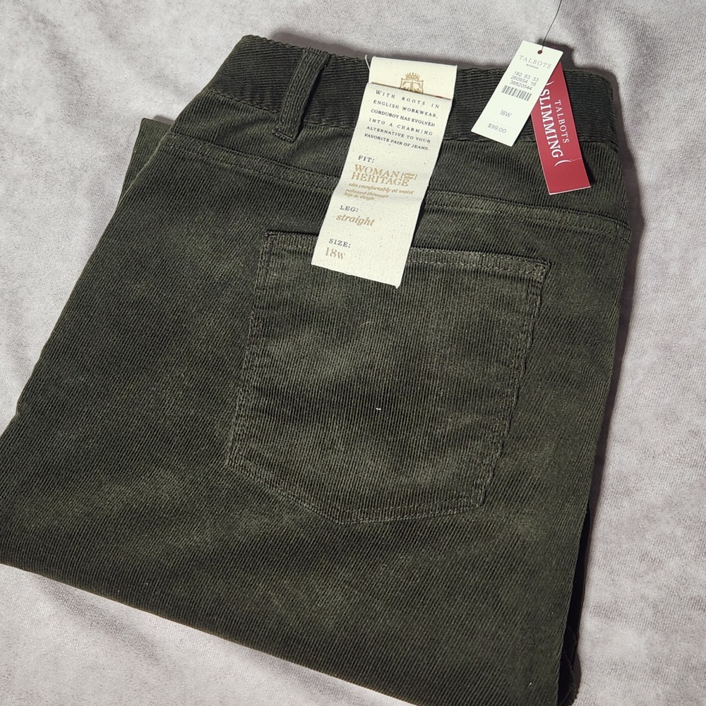 Talbots Woman Heritage Olive Green Corduroy‎ Straight Leg Slimming Pants 18W NEW